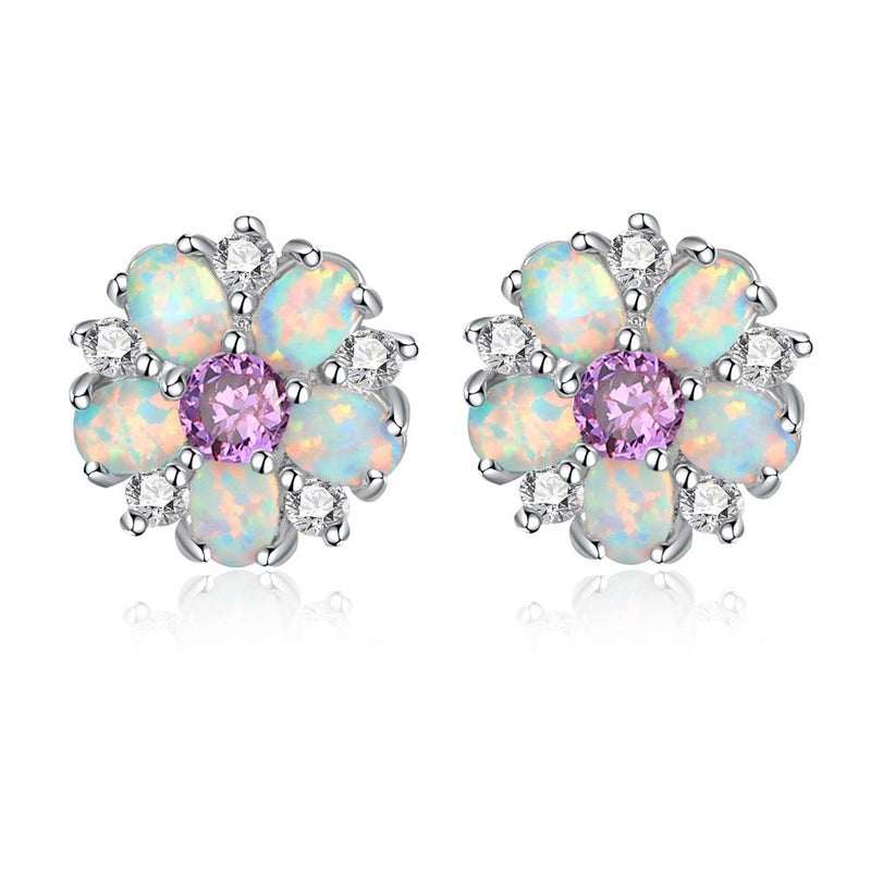 CiNily Flower Earrings, Purple Opal Stud Earrings Sterling Silver Plated Stud Earrings for Women, Ladies Flower Stud Earrings Cute Unique Earrings - Image 1